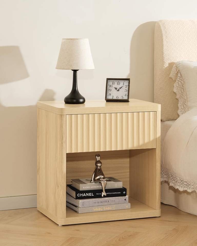 Bed Edge Modern Wooden Nightstand with Wave Panel Drawer & Open Shelf