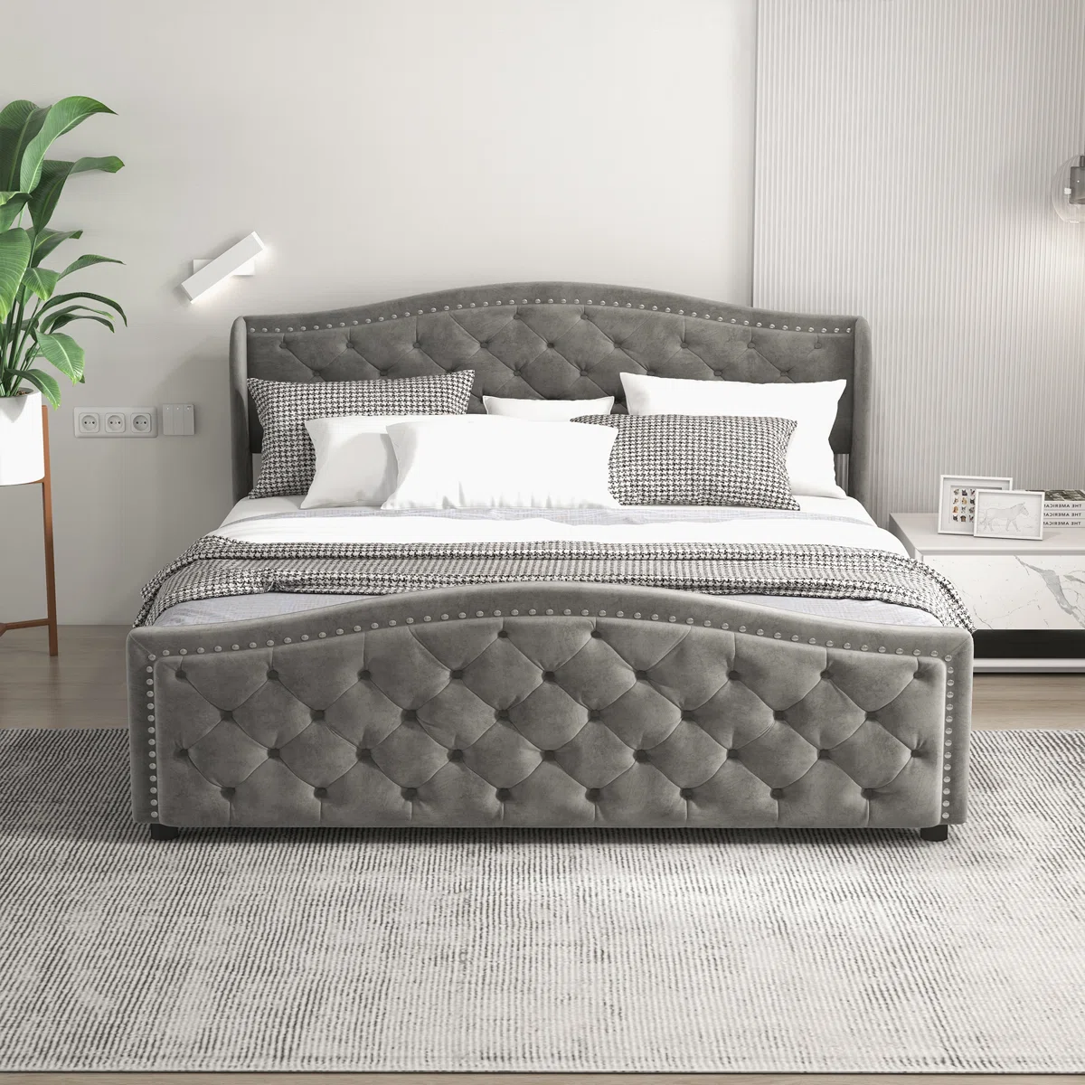 81" W King Size Tufted Upholstered Bed with Storage Drawers - Light Gray