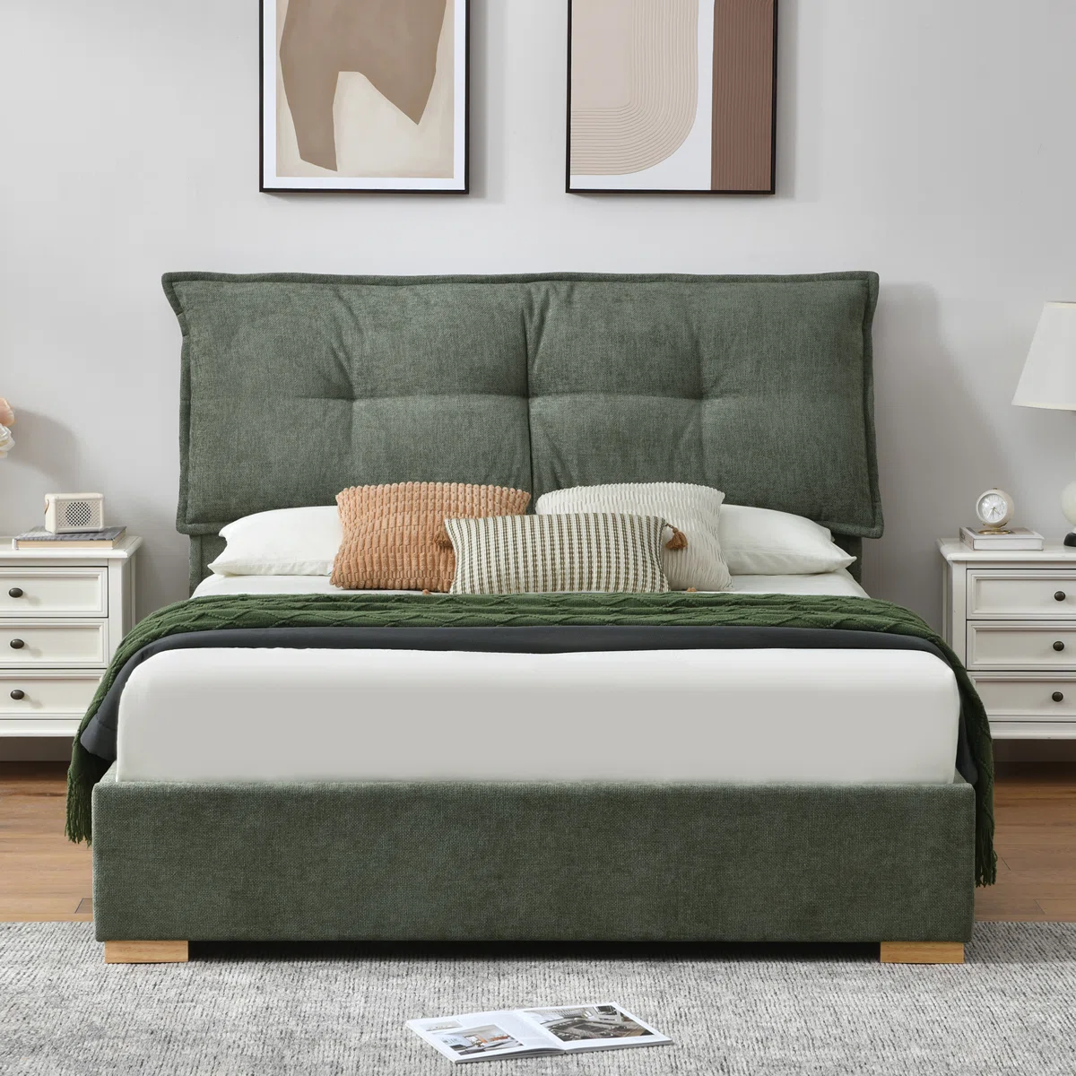 Braya Upholstered Platform Storage Bed With Removable Pillow-Style Headboard, 2 Large Wooden Drawers, Dusty Sage, Full