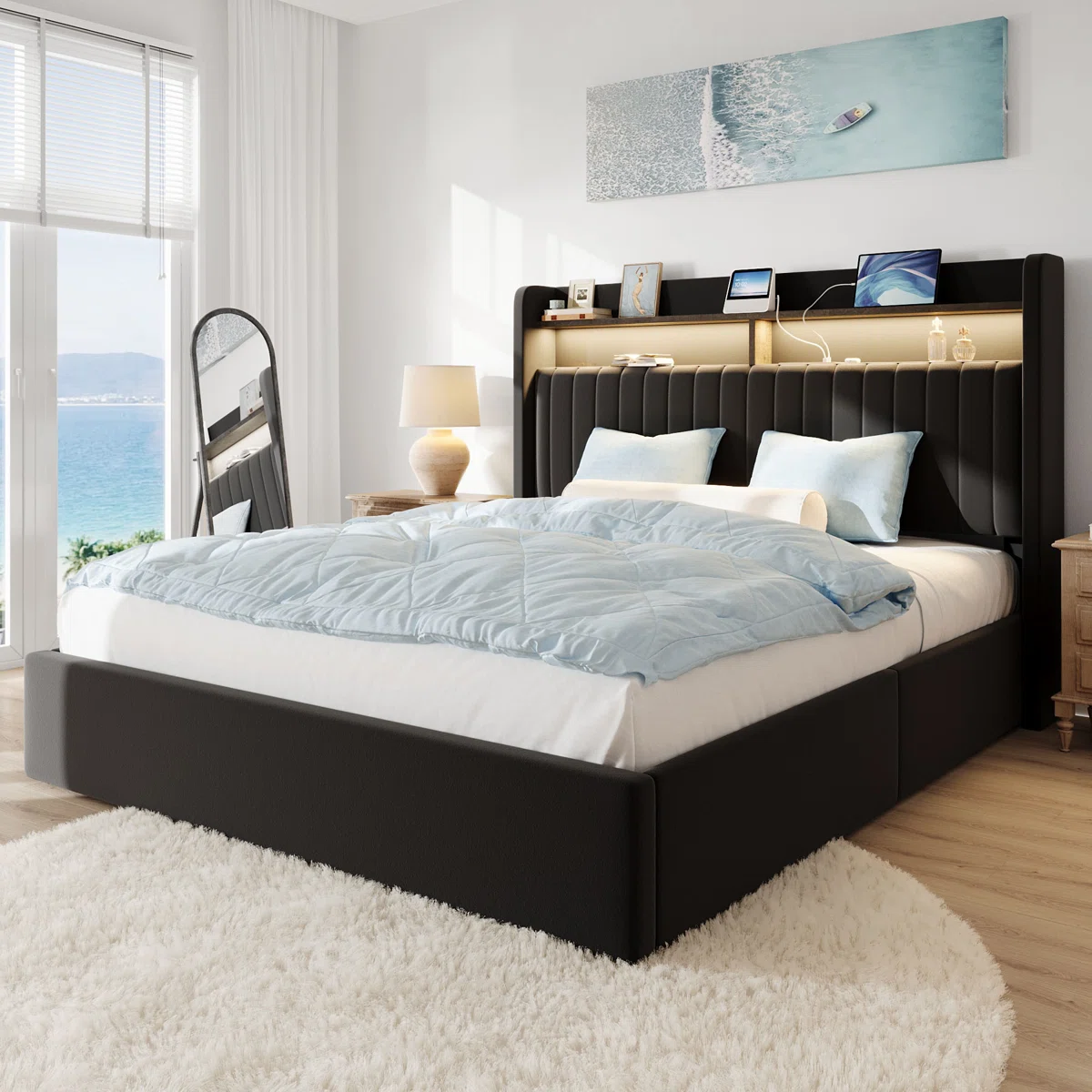Hydraulic Lift Up Storage Upholstered Platform Wingback LED Bed With 2-Tier Shelves And Charging Station