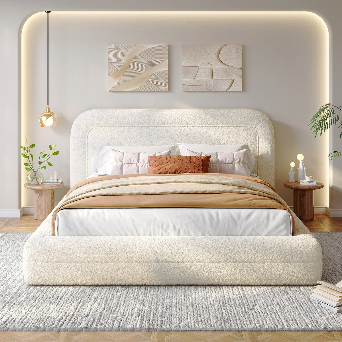 Upholstered Cloud Bed Frame with Anti-Collision Soft Rounded Corners, Sponge-Filled Boucle Bed Frame