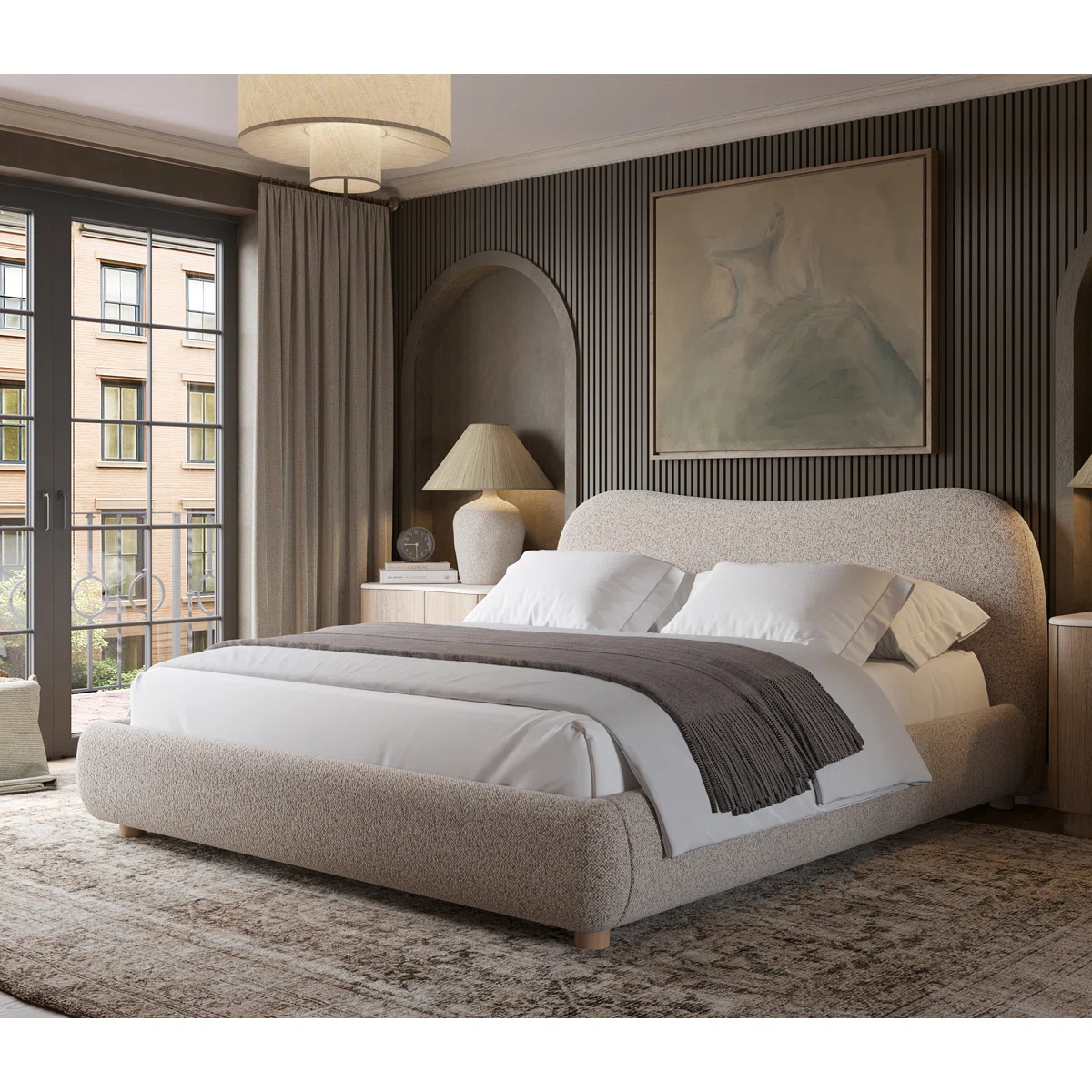 Modern Platform Bed with Wavy Curved Headboard, Performance fabric