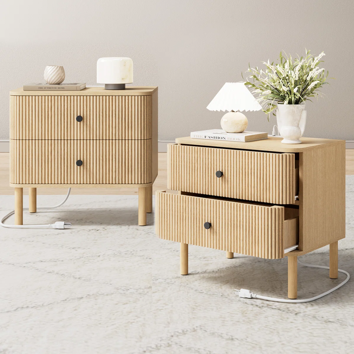 24" Nightstands with Rounded Corners & Solid Wood Legs, Charging Station, 2 Drawers End Table with Storage, Mid Century Modern Fluted Bedside Table for Bedroom
