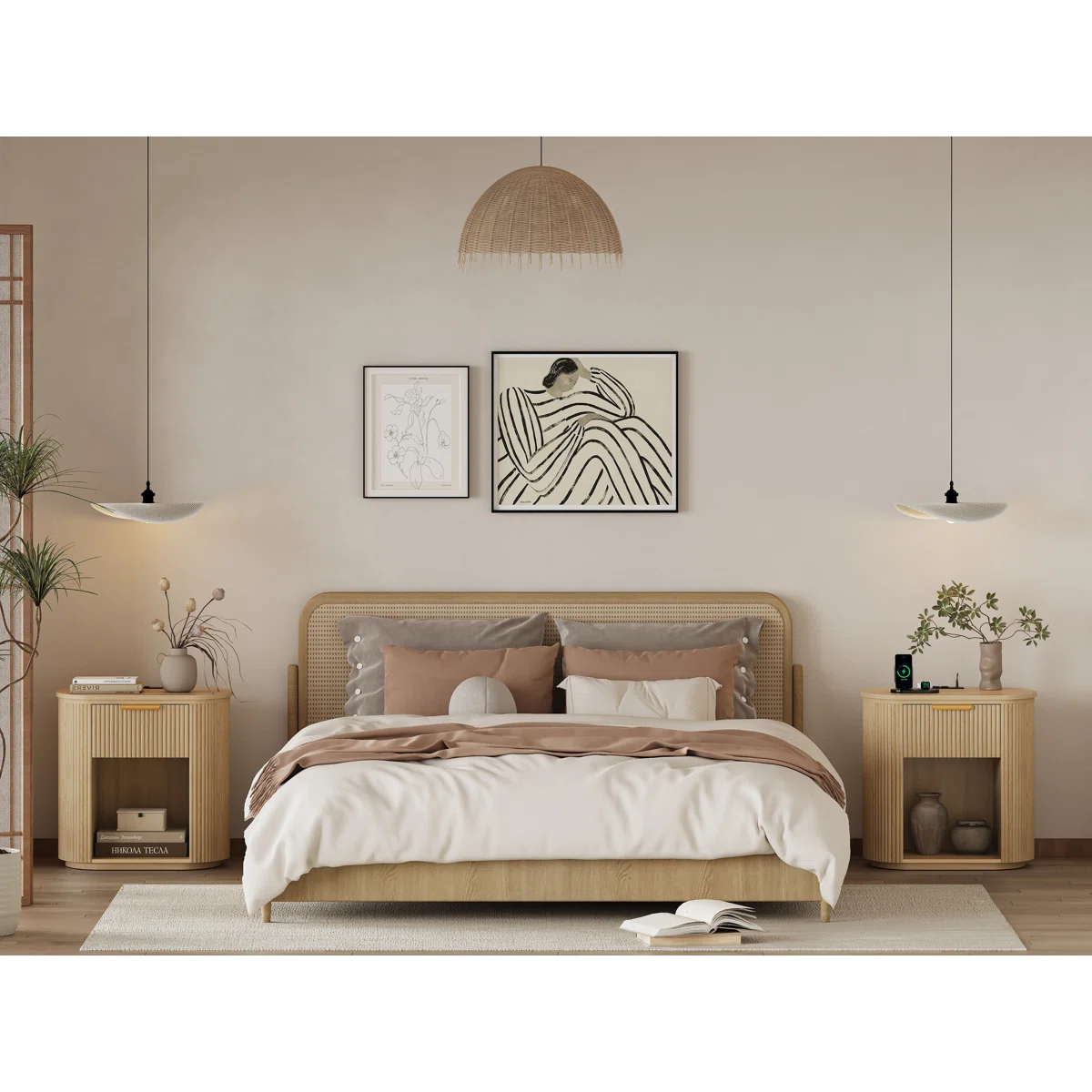 Reeded Nightstand With 1 Drawer, Open Shelf Storage Built-in Outlets USB Type-C Charging Station
