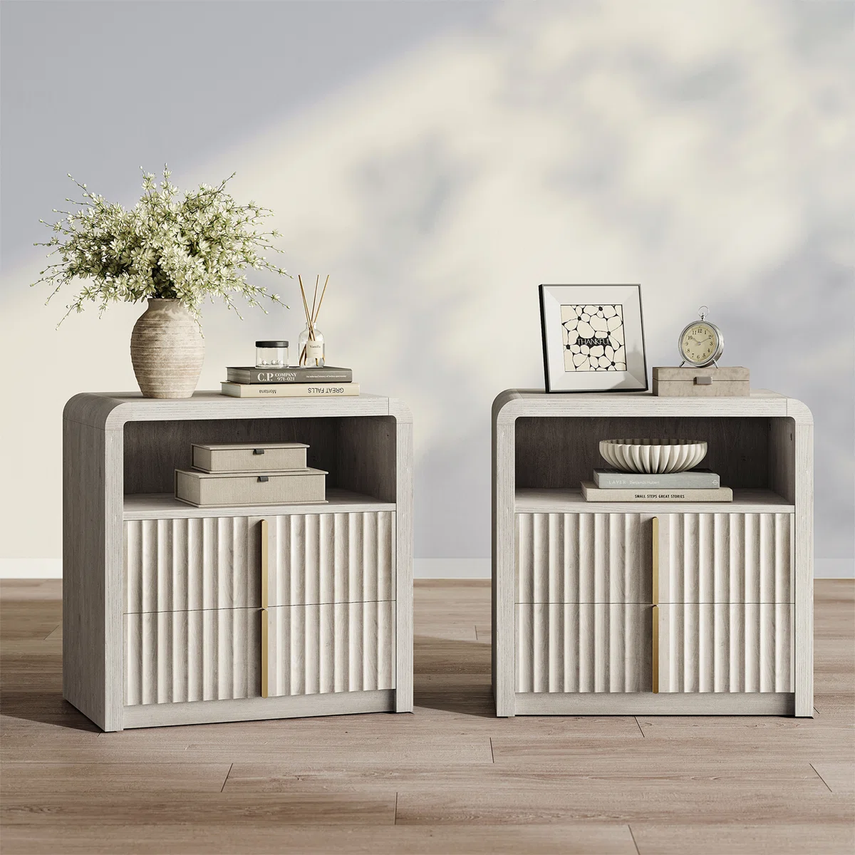 24" Modern Fluted Nightstand Set Of 2, 2 Drawer Bedside Table With Open Shelf, End Table With Curve Profile Design For Bedroom Living Room