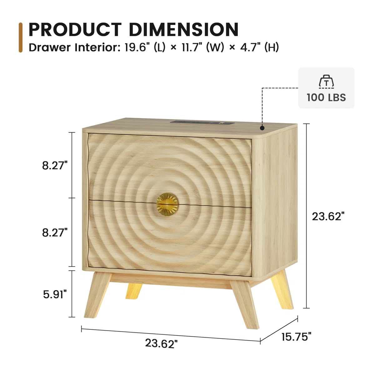 23.6'' W 2-Drawer Nightstand With Built-In Outlets And Human Sensor Light
