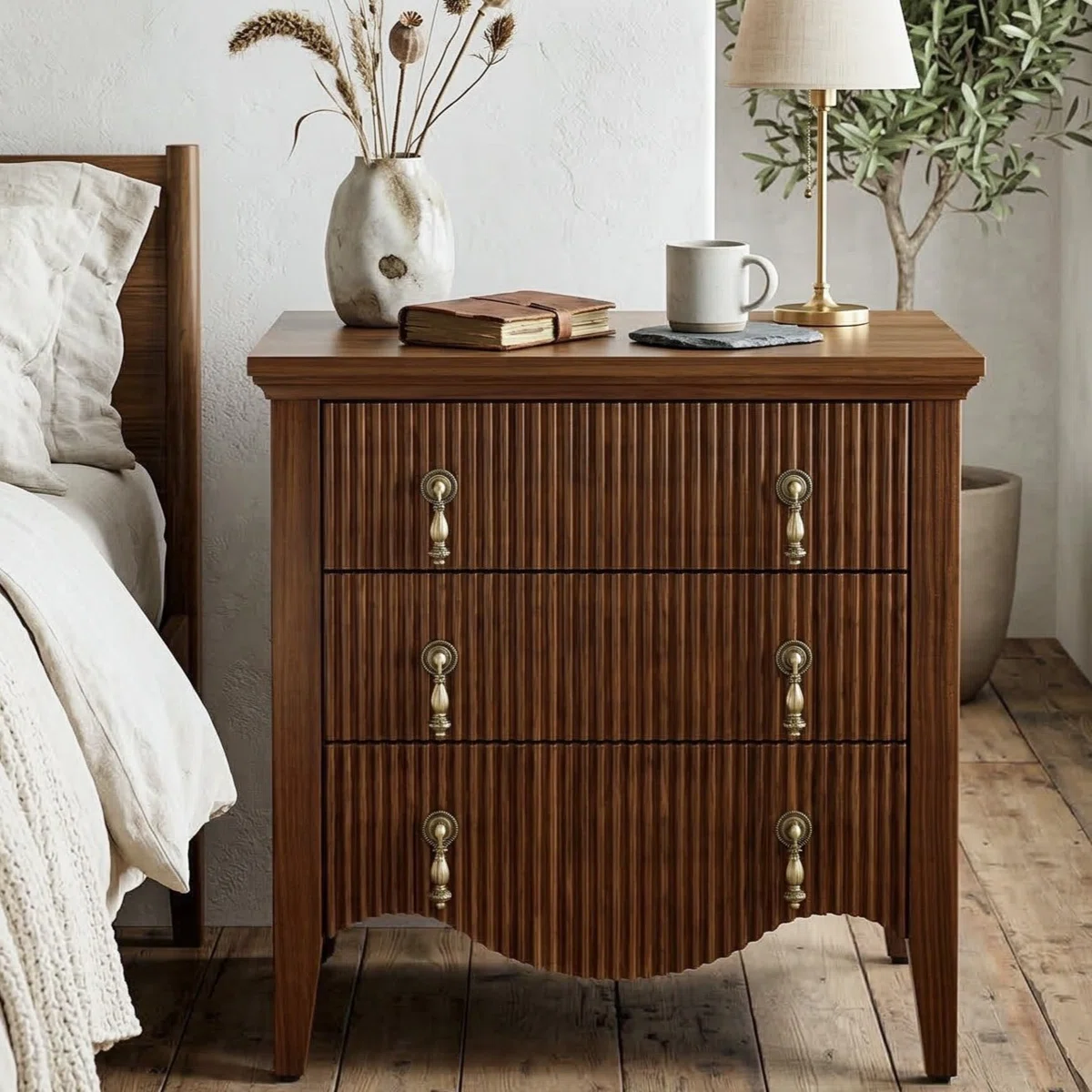 Avenall Nightstand With Charging Station, Vintage Bedside Table With 3 Fluted Drawers And Open Shelf, Rustic End Table With Power Outlet And Usb Ports For Bedroom, Walnut