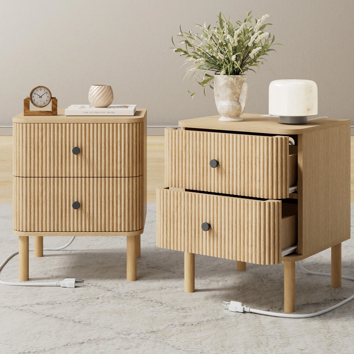 18" Fluted 2 Drawers Nightstand Set of 2 with Charging Station Outlet & Solid Wood Legs, End Table with Storage, Mid Century Modern Bedside Table for Bedroom