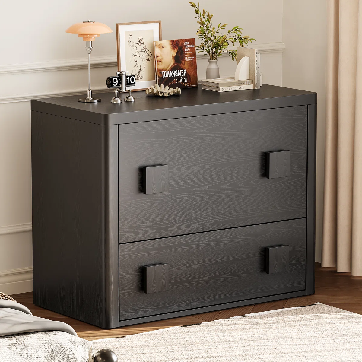 31.5" Large Black 2-Drawer Nightstand, Rounded Corner Wood Storage Cabinet, Modern Bedroom Bedside Table