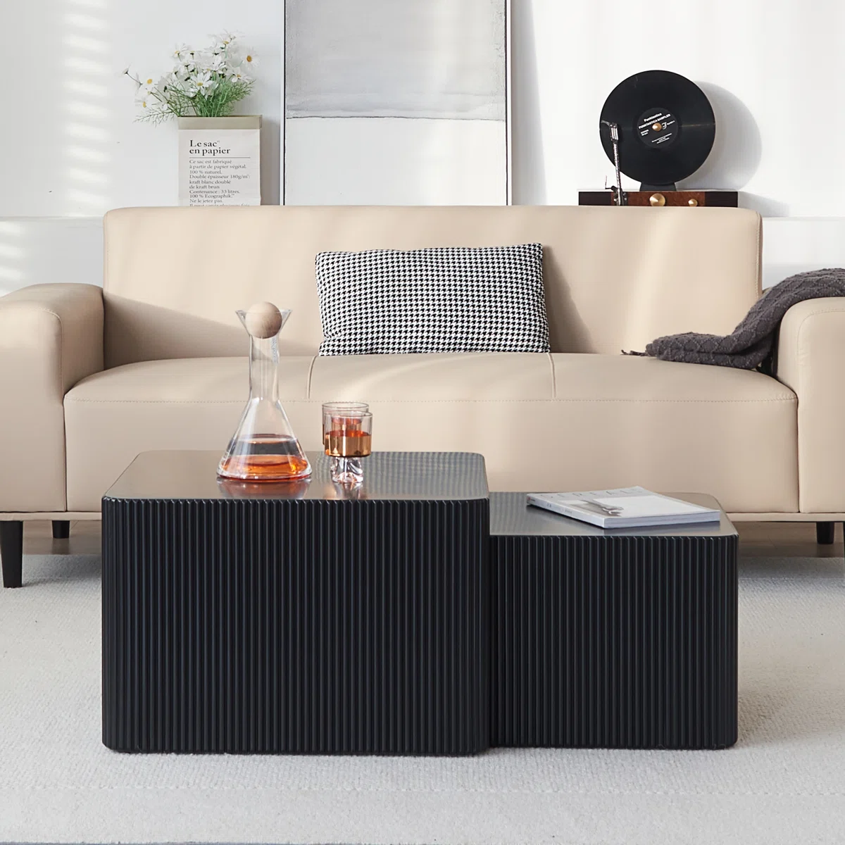 Square Nesting Coffee Table, Wooden Coffee Table, No Need Assembly Modern Fluted Nesting Tables Coffee Tables For Living Room