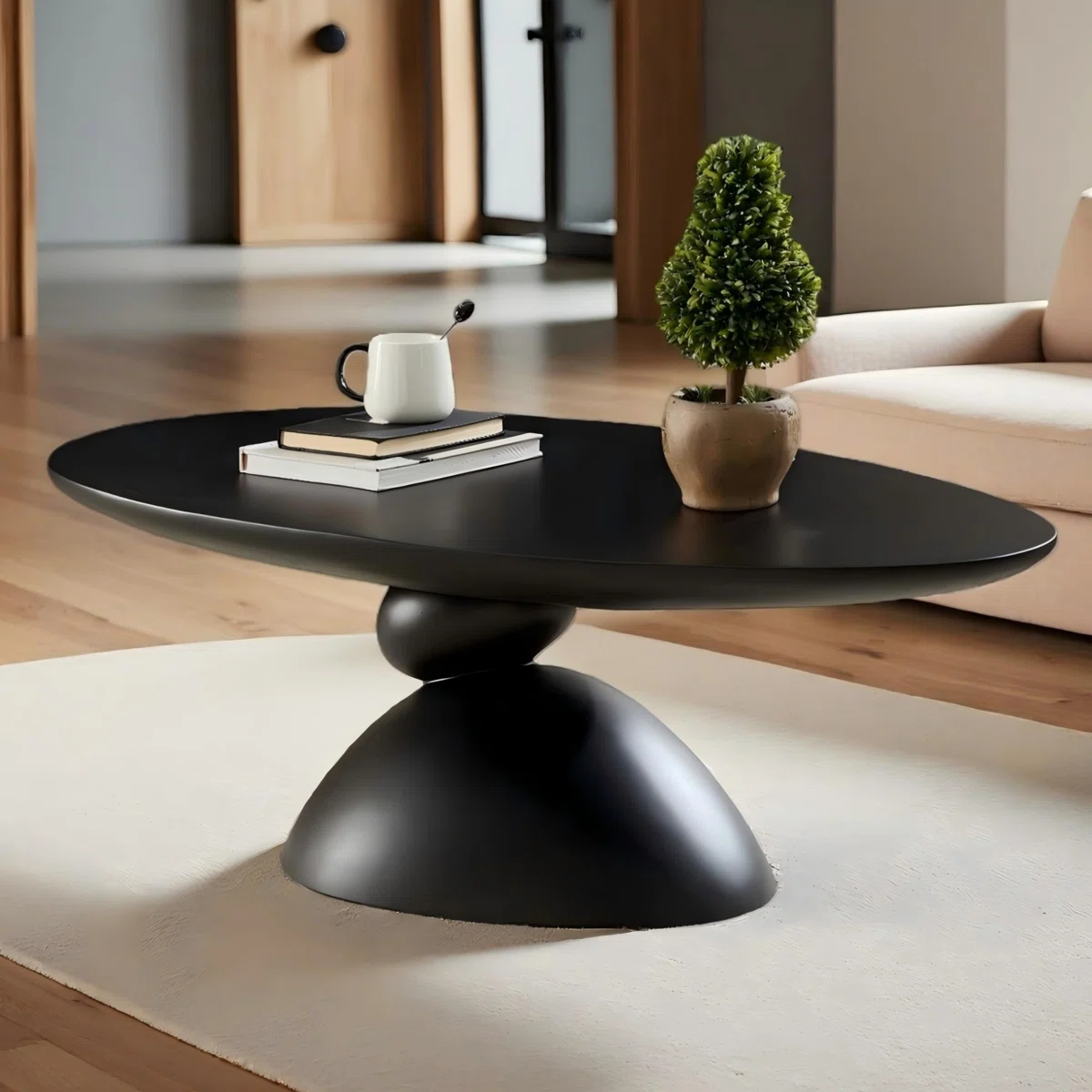 47.27" Stone-Inspired Fiberglass Oval Coffee Table & End Table, Solid Construction easy to Assembly Accent Table For Living Rooms & Apartment