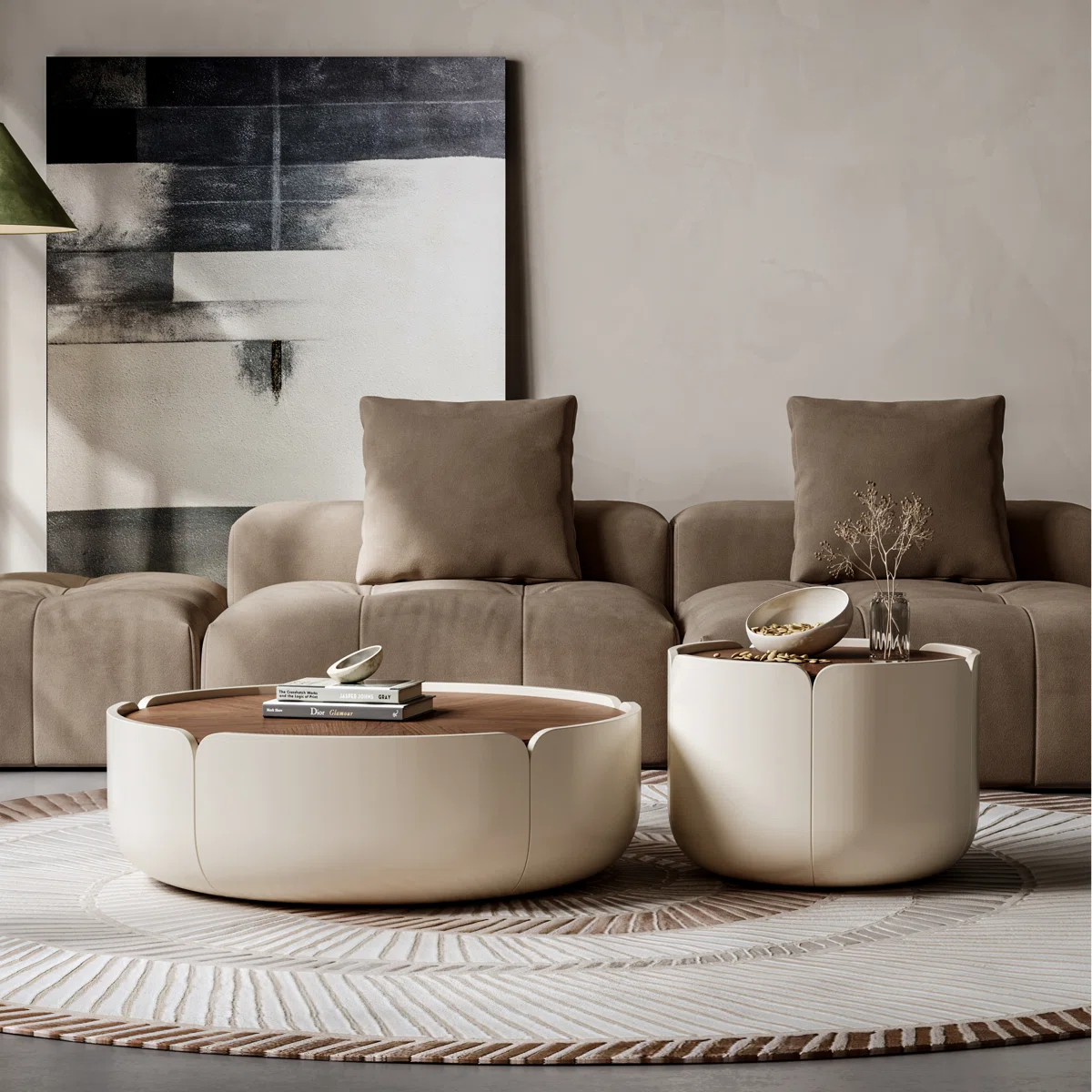 Modern Wood Coffee Table Set, Minimalist Round Living Room Center Table for Living Room Lounge Office