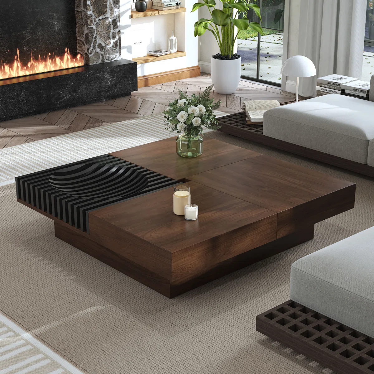 Square Modern Coffee Table with Storage, Walnut Mid Century Modern Side Table with Hidden Drawers & Concave Black Platform