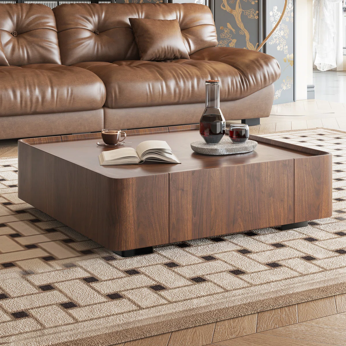 Modern Square Walnut Coffee Table with Storage Drawers, MinimalistCenter Table for Living Room & Home Office, 2 Drawers