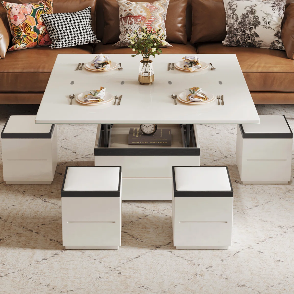 Modern Lift Top Coffee Table with 4 Stools,Extendable Center Table for Living Room,Dining Room,Office