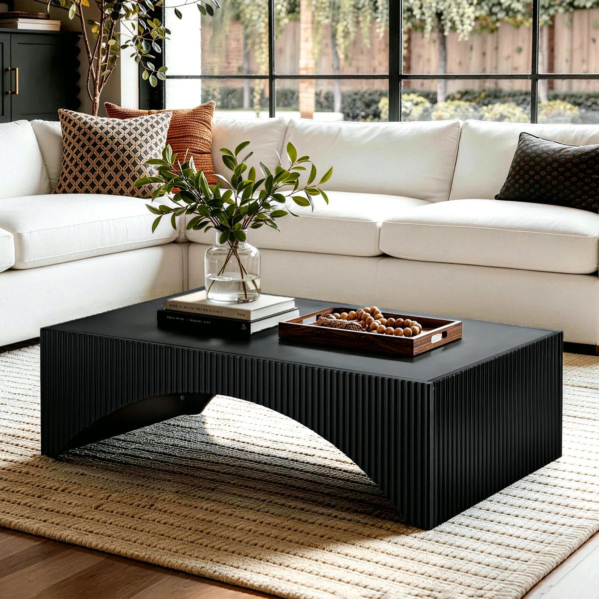 Claverton Modern Black Coffee Table with Ribbed Curved Base