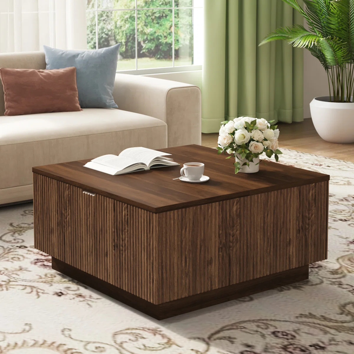 31-Inch Farmhouse Lift Top Square Coffee Center Table With Hidden Storage Compartment And Fluted Wood Board For Living Room, Apartment, Small Space