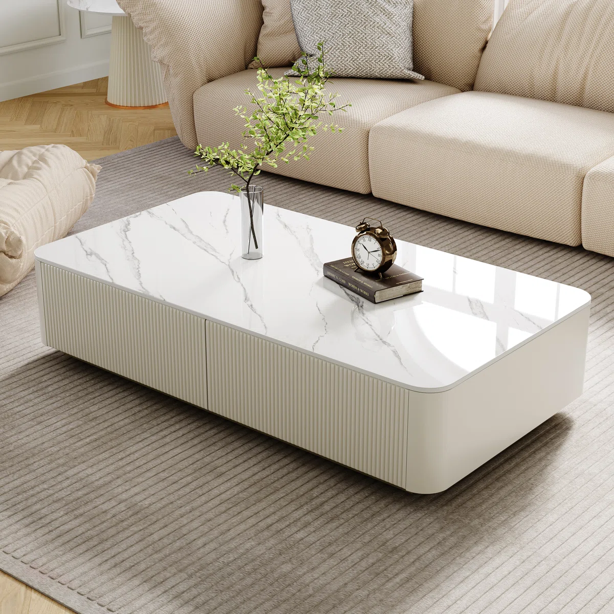 52'' Modern Rectangular Coffee Table With Faux Marble Top, 4 Large Drawers And Gold Stainless Steel Base, Fully Assembled