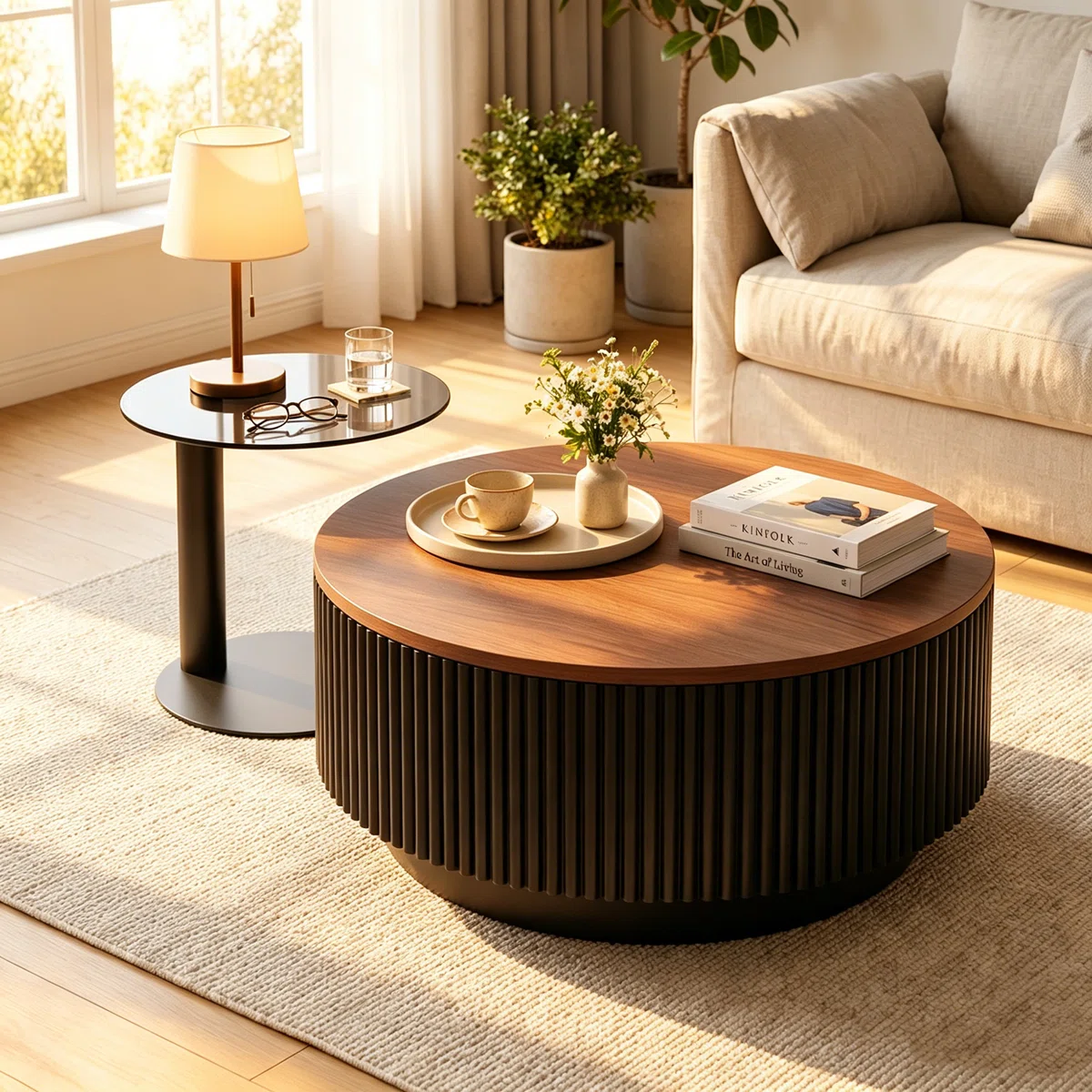 Round 2-Piece Nesting Coffee Table Set With Hidden Storage, Modern Fluted Base & Glass Side Table For Living Room