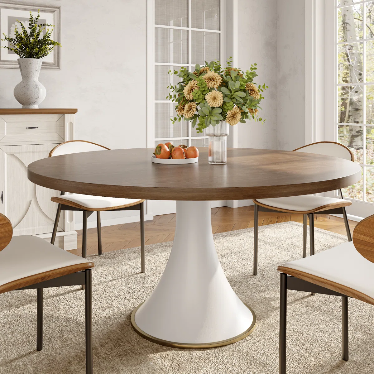 White And Dark Walnut Tone Round Country Solid Wood Dining Table