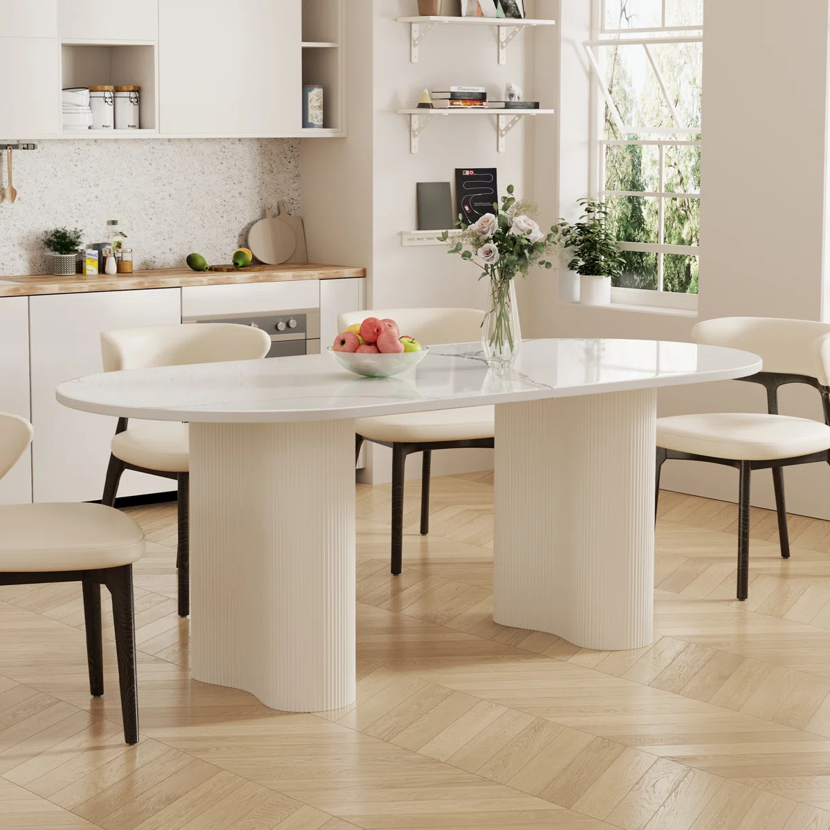 Jamani Modern Oval Dining Table for 6, Glossy Sintered Stone table top, Solid Wood Legs
