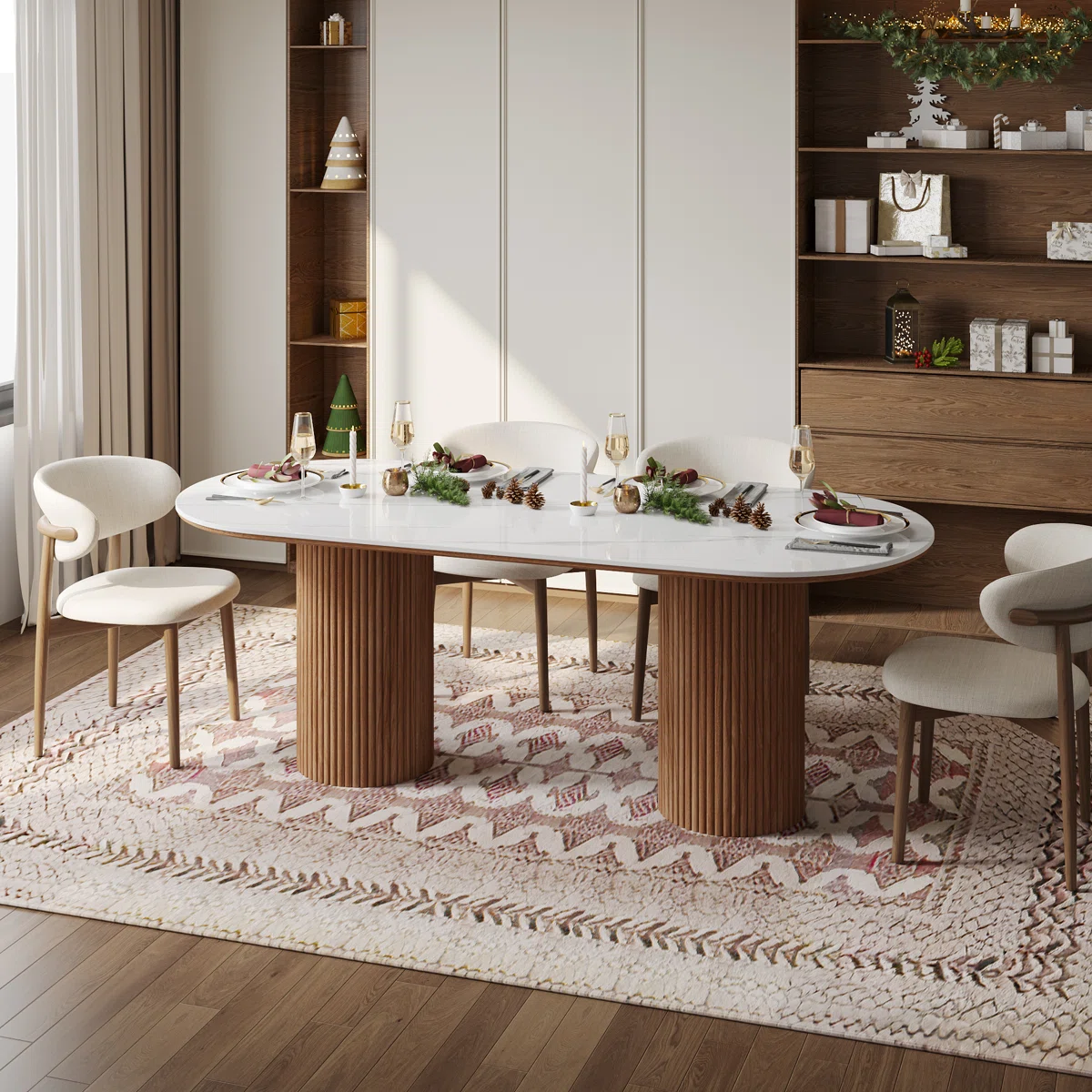 Maxsony 71" Mid Century Dining Table with Glossy Stone Tabletop, Rectangular Kitchen Table with Solid Wood Double Pedestal for 6