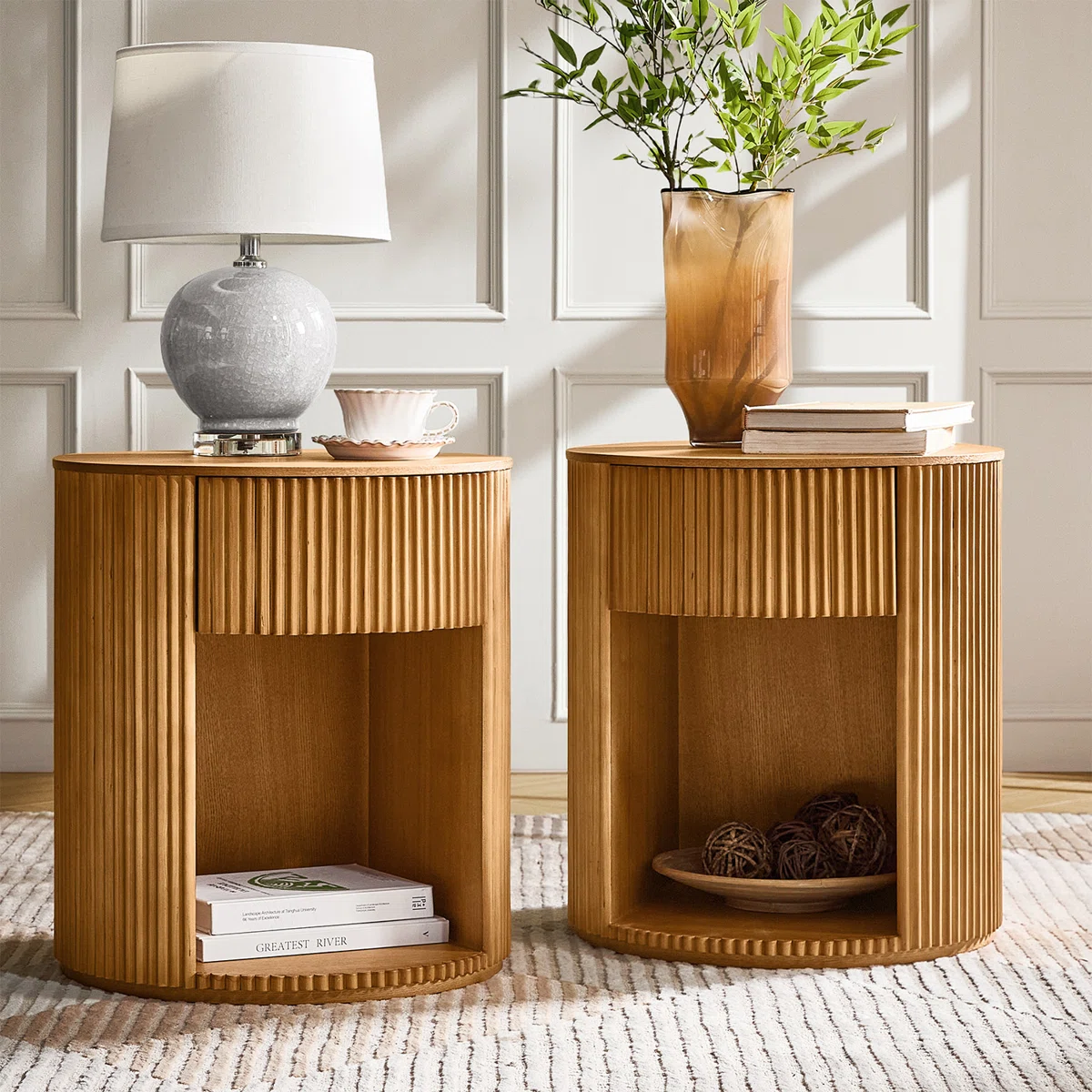 Kaybri Modern 20" Tall Fluted Round End Table with Storage Set of 2 (Set of 2)