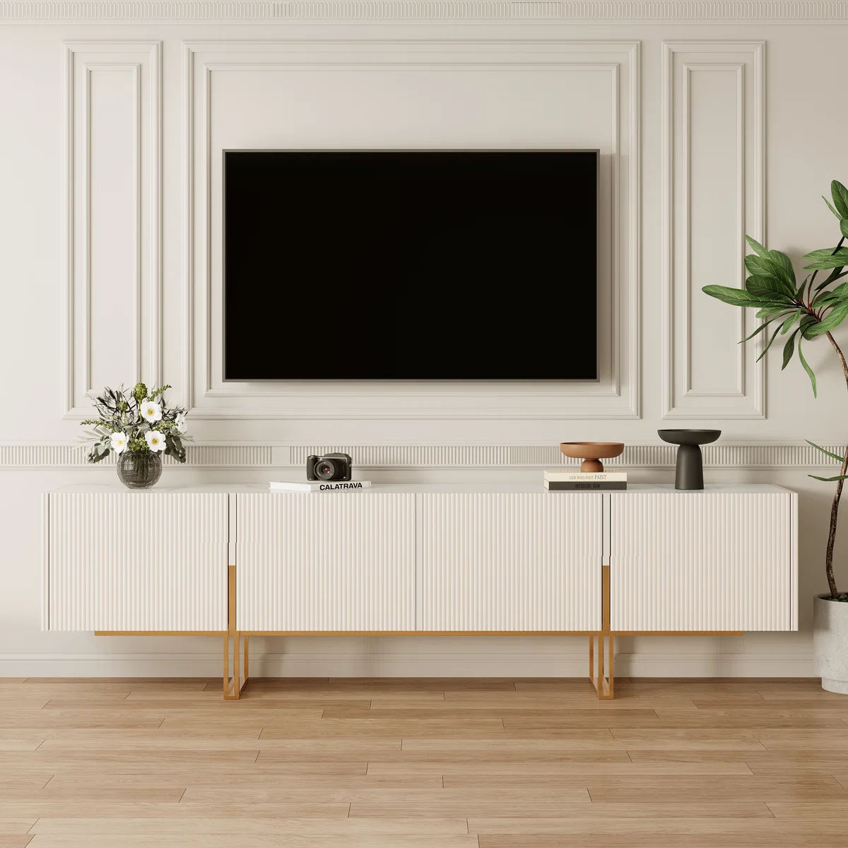 Pierpoint Modern Luxury TV Stand, Entertainment Center with Faux Marble Top, TV Console with Gold Stainless Steel Legs
