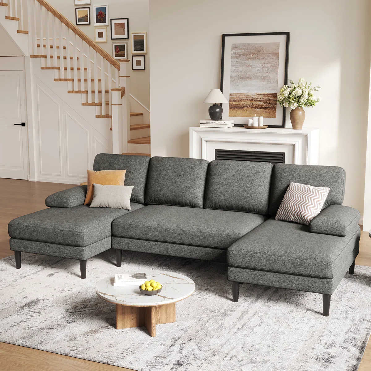110" Double Chaises U-Shaped Sectional Sofa, 4-Seat Chenille Couch with Deep Seat for Living Room