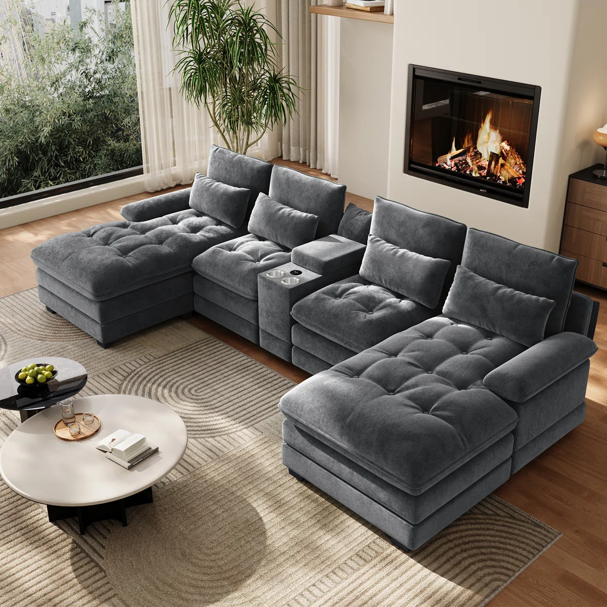 Oversized 134.2"W 4 Piece U-Shape Sectional with Console & Cup Holders