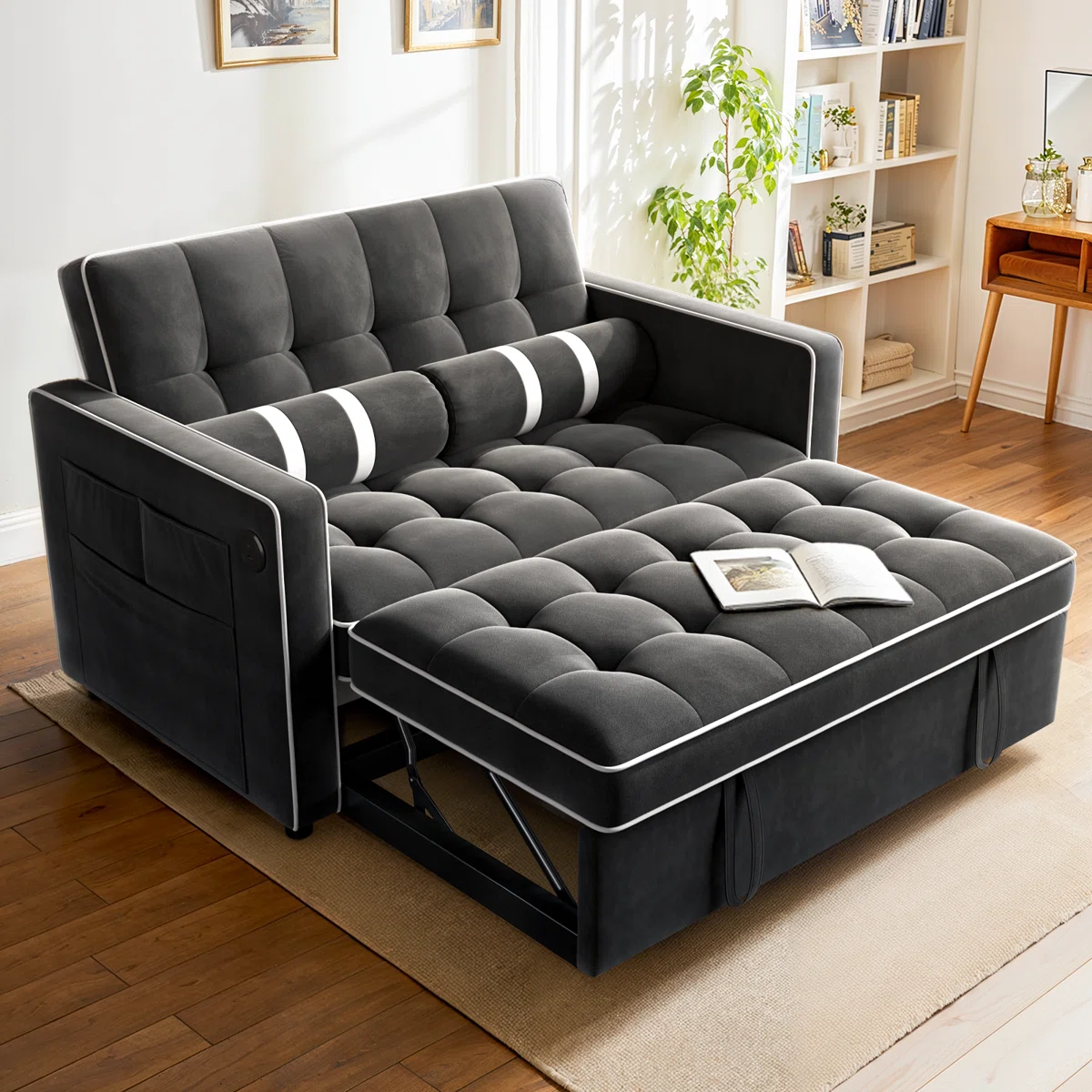 Brittany 3 in 1 Pull Out Sofa Bed with Adjustable Backrest, 70" Convertible Loveseat Velvet Sleeper Sofa with USB Port, Side Pockets & Cylinder Pillows for Living Room Apartment