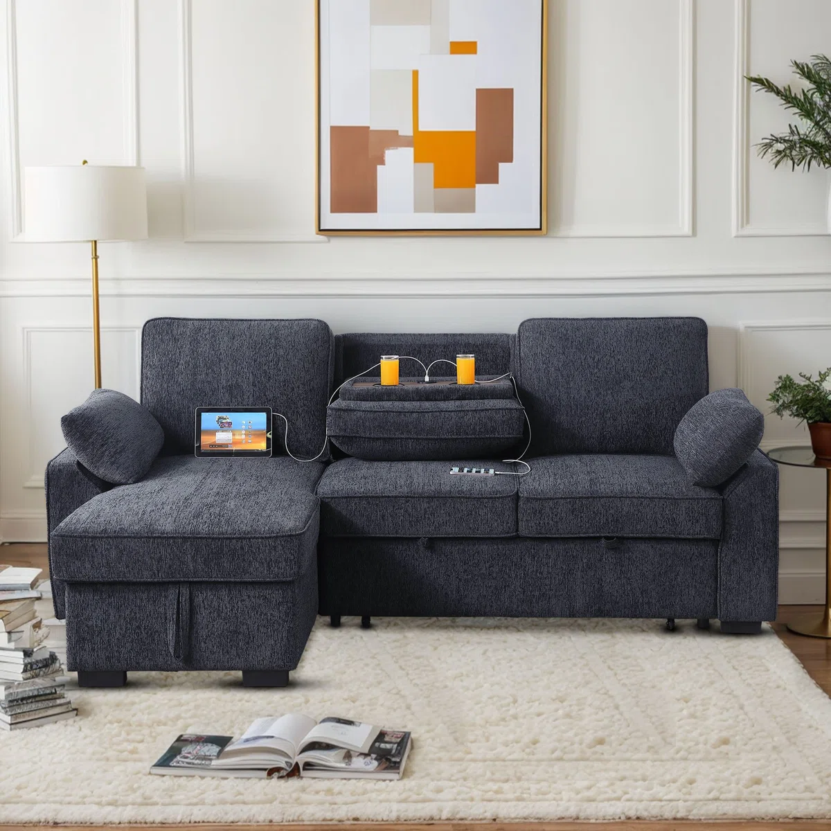 Aurora 91.5 " Reversible Chenille Upholstered Sleeper Sofa Bed with Storage Chaise