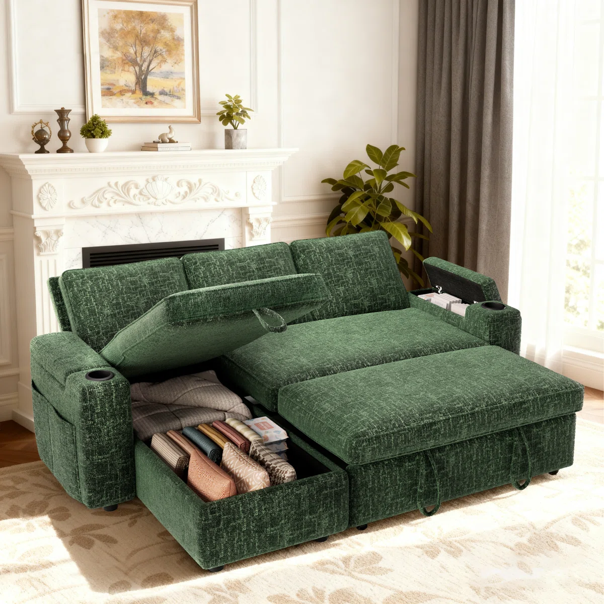 81'' Pull Out Sofa, Sleeper Sofa Couch With Storage Chaise, Chenille Sofa Bed With Pull Out Bed, Convertible Sleeper Sofas For Living Room, Small Spaces