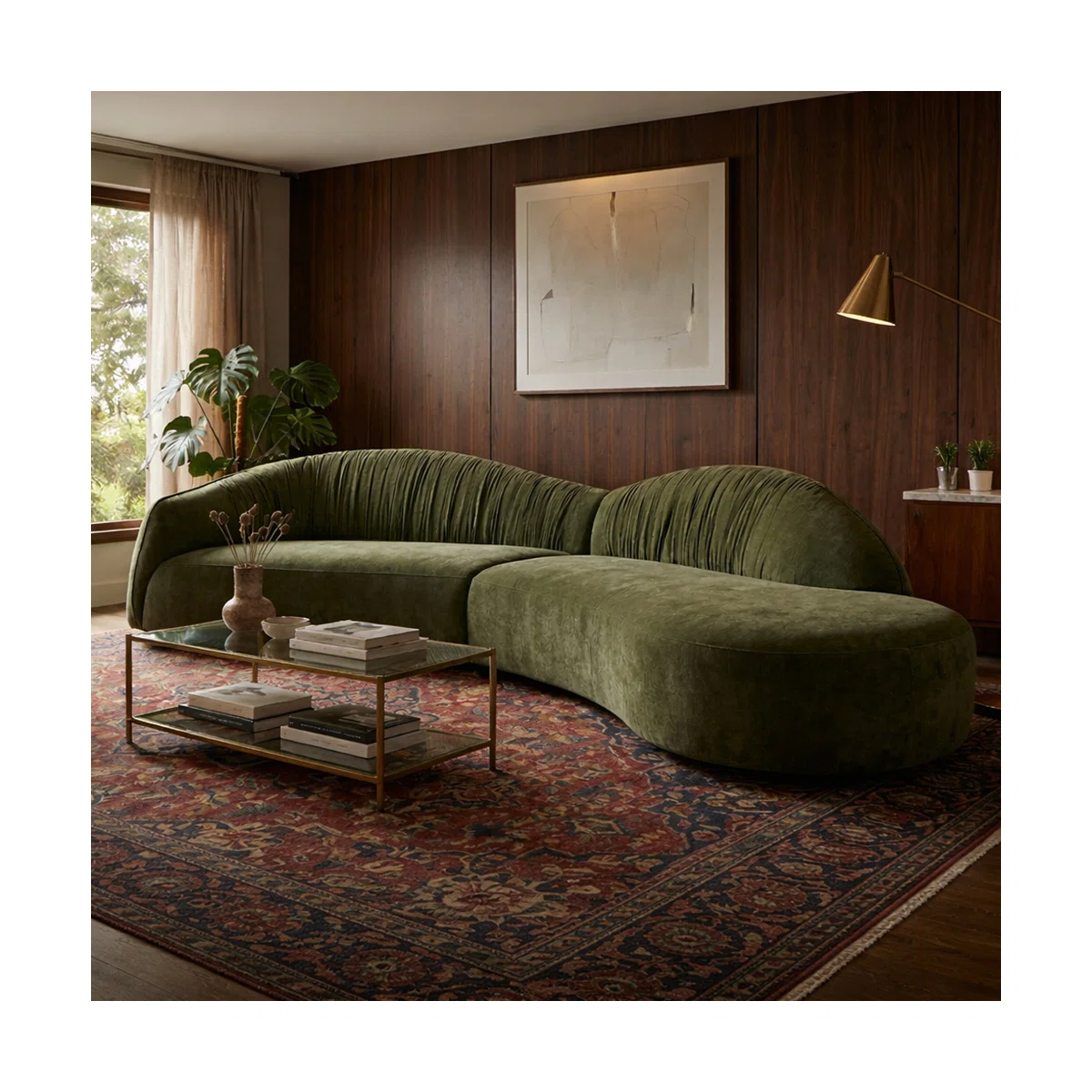 145.5"Mid-Century Modern Curved Sectional Sofa, 6-Seat Couch With Ruched Back Design For Living Room