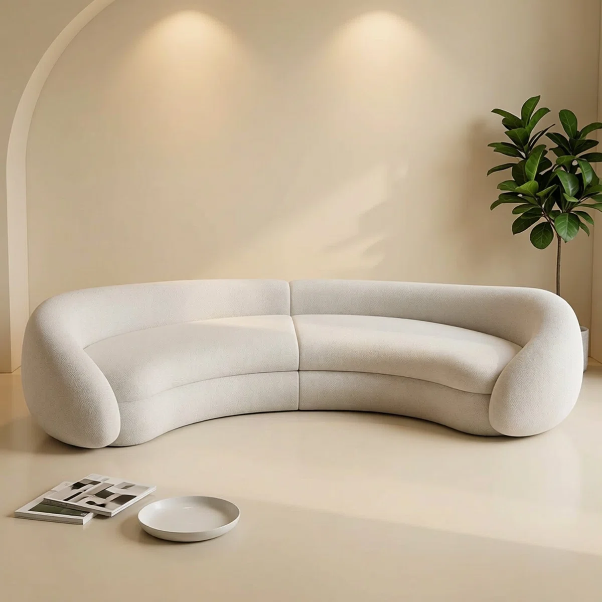 Modern Curved Sectional Sofa, Cream White Boucle Upholstered, Contemporary Design, 125'' C-Shape, Living Room Irregular Couch