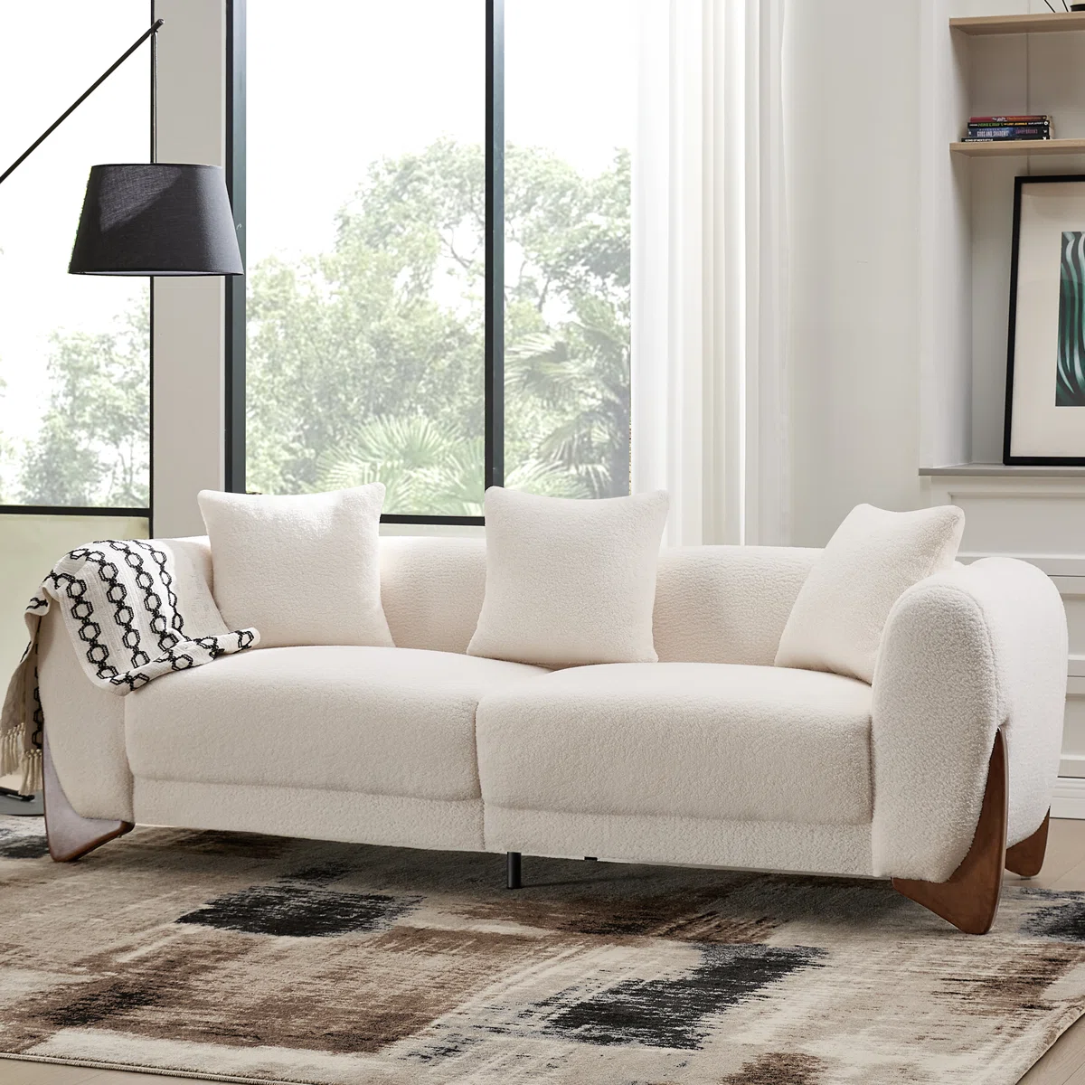 87" Upholstered Sherpa Boucle Sofa with Solid Wood Legs