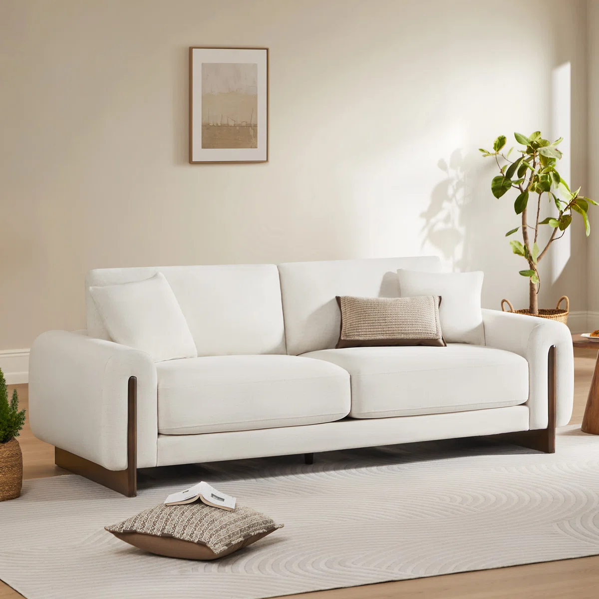 90'' Modern Upholstered Sofa with Solid Wood Legs, Deep Seating Chenille Fabric Couch for Living Room