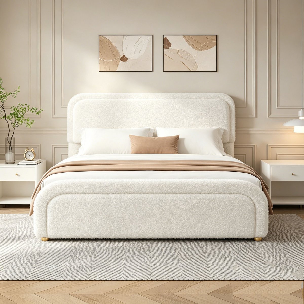 Elaris Bouclé Upholstered Queen Bed with Curved Headboard