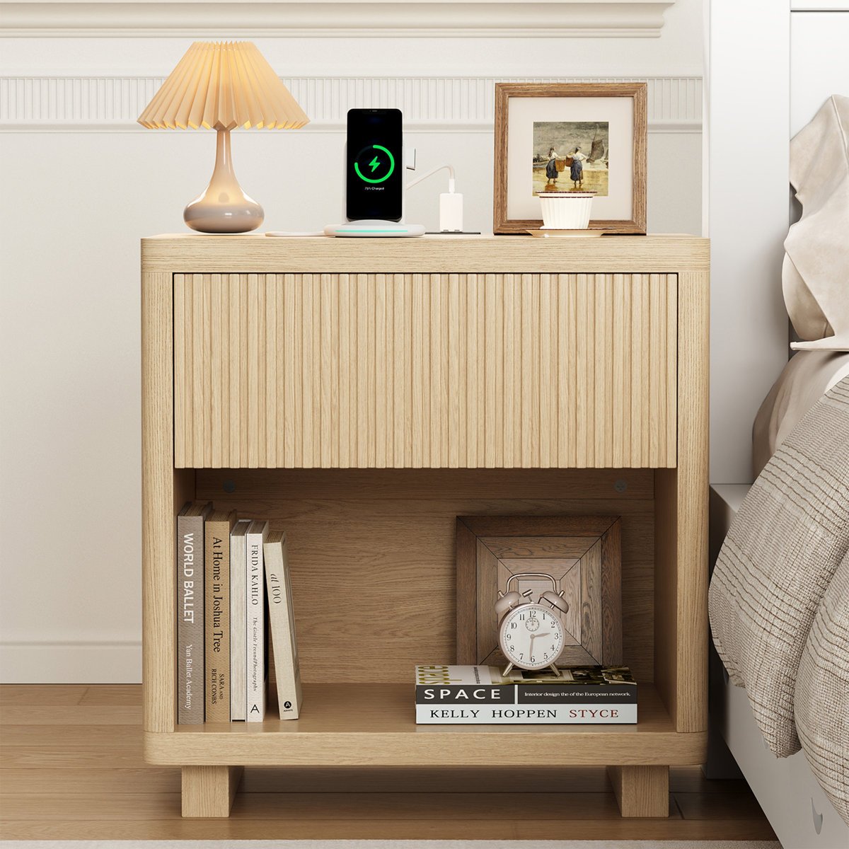 Bed Edge Modern Wooden Nightstand with Wave Panel Drawer & Open Shelf